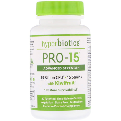 Hyperbiotics, PRO-15, Advanced Strength with Kiwifruit, 15 Billion CFU, 30 Patented Time-Release Tablets