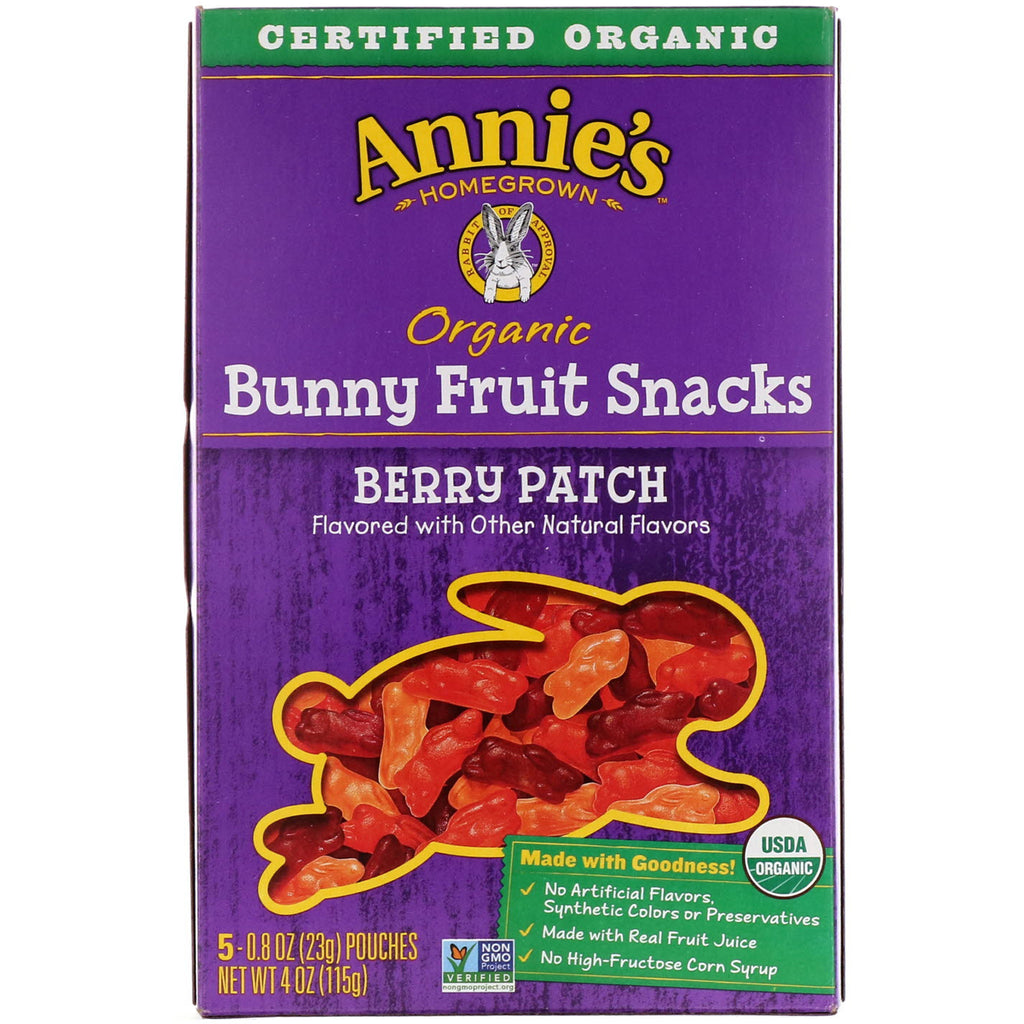 Annie's Homegrown, Organic Bunny Fruit Snacks, Berry Patch, 5 Pouches, 0.8 oz (23 g) Each