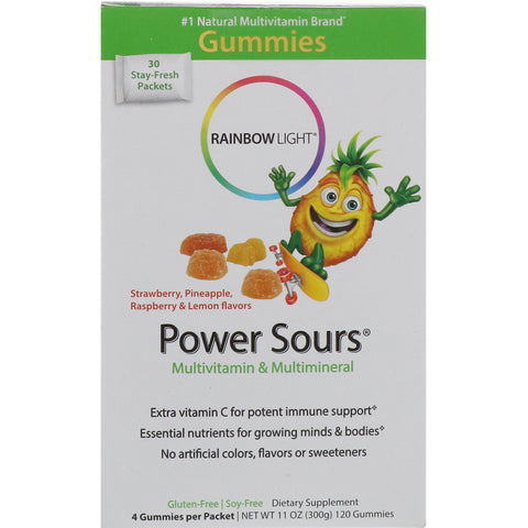 Rainbow Light, Gummy Power Sours, Multivitamin & Multimineral, Strawberry, Pineapple, Raspberry & Lemon Flavors, 30 Packets, (4 Gummies) Each