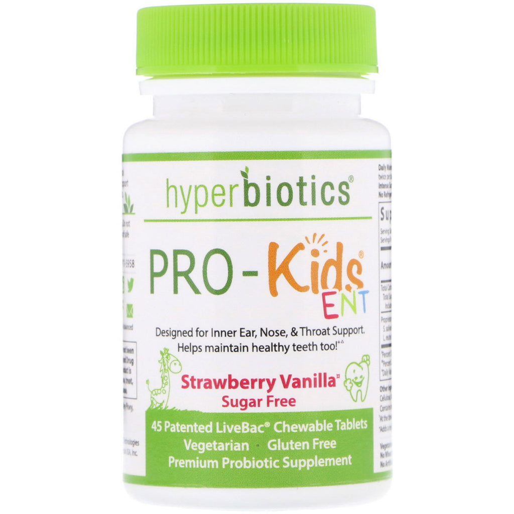 Hyperbiotics, PRO-Kids ENT, Sugar Free, Strawberry Vanilla, 45 Patented LiveBac Chewable Tablets