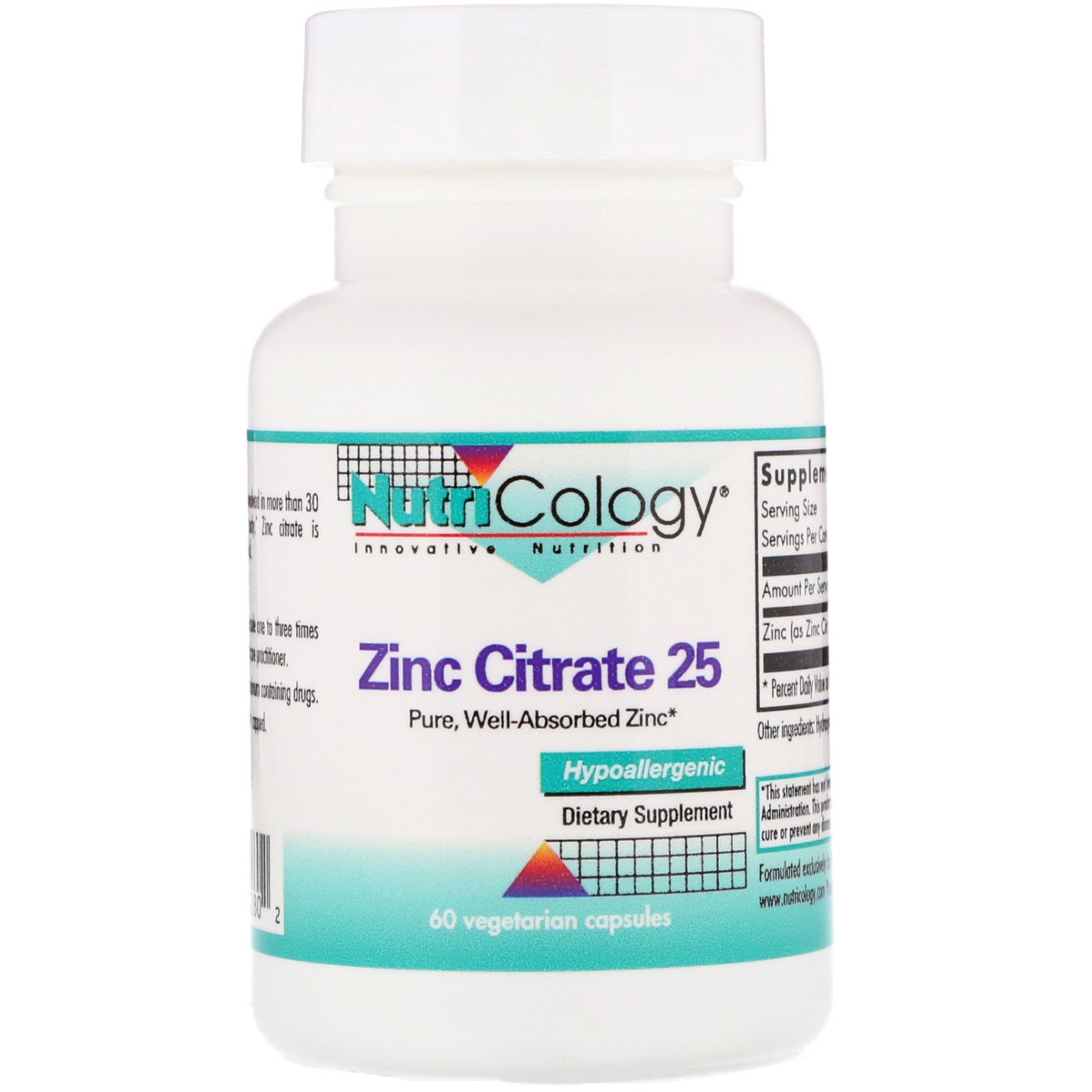 Nutricology, Zinc Citrate 25, 60 Vegetarian Capsules