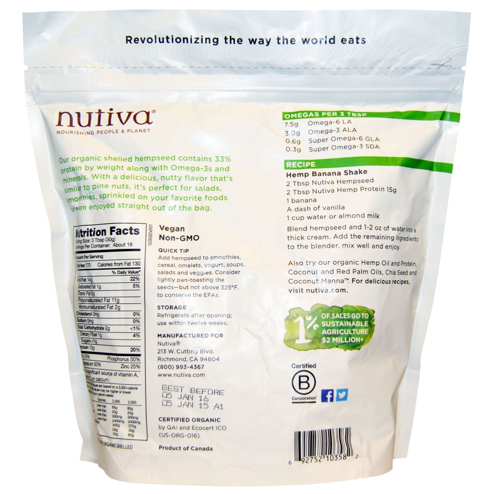 Nutiva,  Hemp Seed, Raw Shelled, 19 oz (539 g)