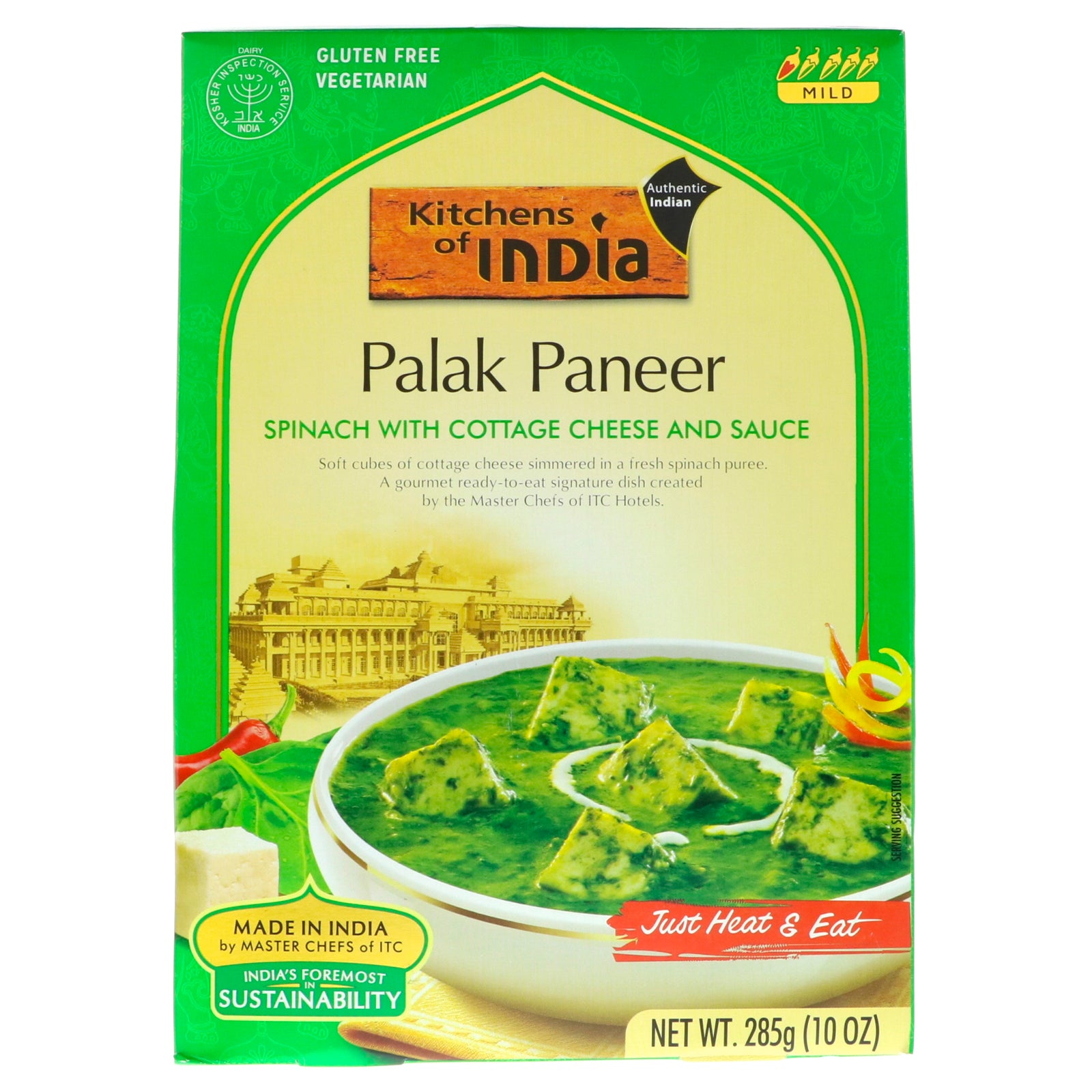 Kitchens of India, Palak Paneer, Spinach with Cottage Cheese and Sauce, Mild, 10 oz (285 g)