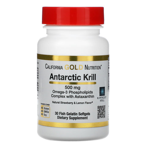 California Gold Nutrition, Antarctic Krill Oil, with Astaxanthin, RIMFROST, Natural Strawberry & Lemon Flavor, 500 mg, 30 Fish Gelatin Softgels