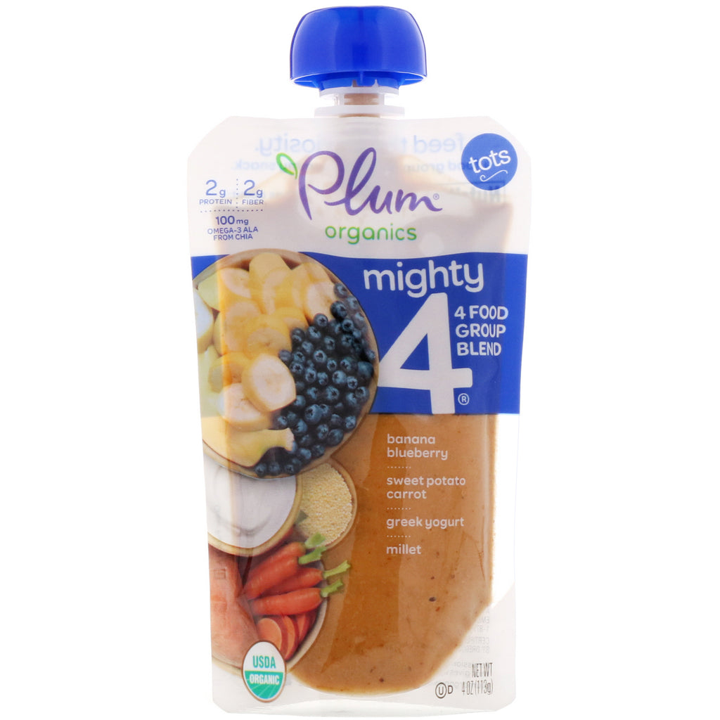 Plum Organics, Tots, Mighty 4, 4 Food Group Blend, Banana, Blueberry, Sweet Potato, Carrot, Greek Yogurt, Millet, 4 oz (113 g)