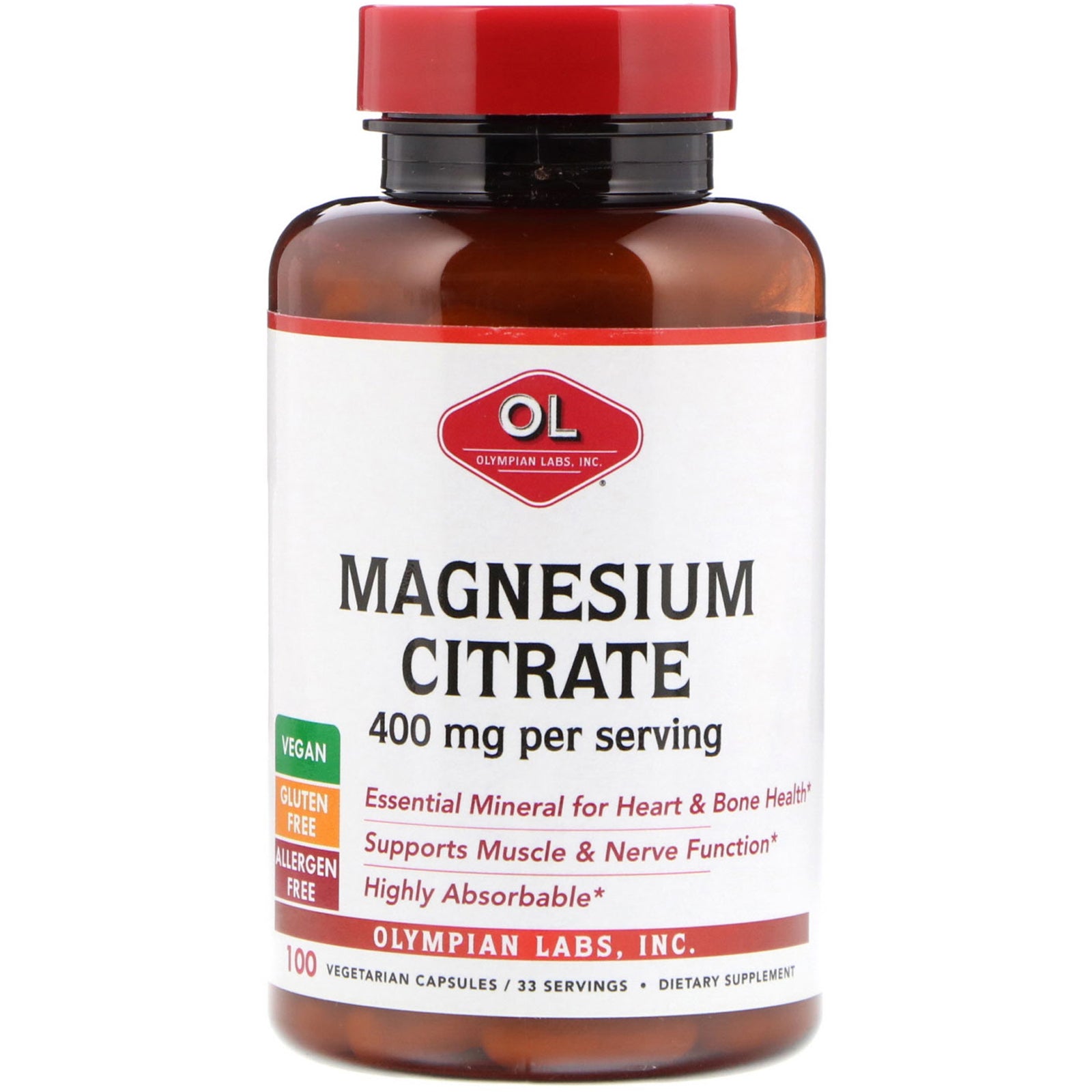 Olympian Labs, Magnesium Citrate, 400 mg, 100 Vegetarian Capsules