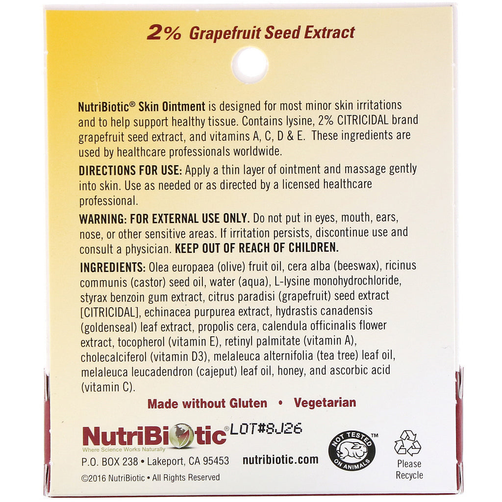 NutriBiotic, Skin Ointment, 2% Grapefruit Seed Extract with Lysine, .5 fl oz (15 ml)