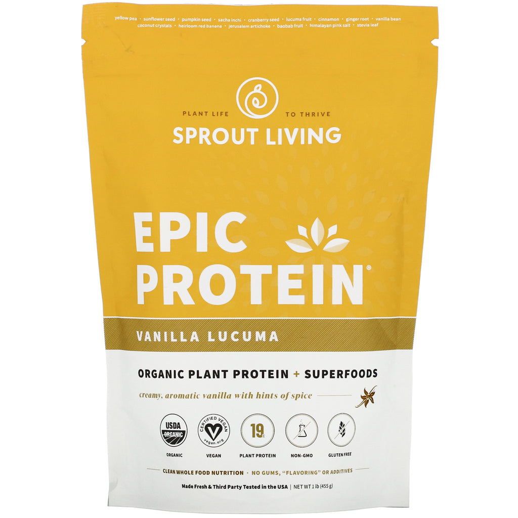 Sprout Living, Epic Protein, Organic Plant Protein + Superfoods, Vanilla Lucuma, 1 lb (455 g)