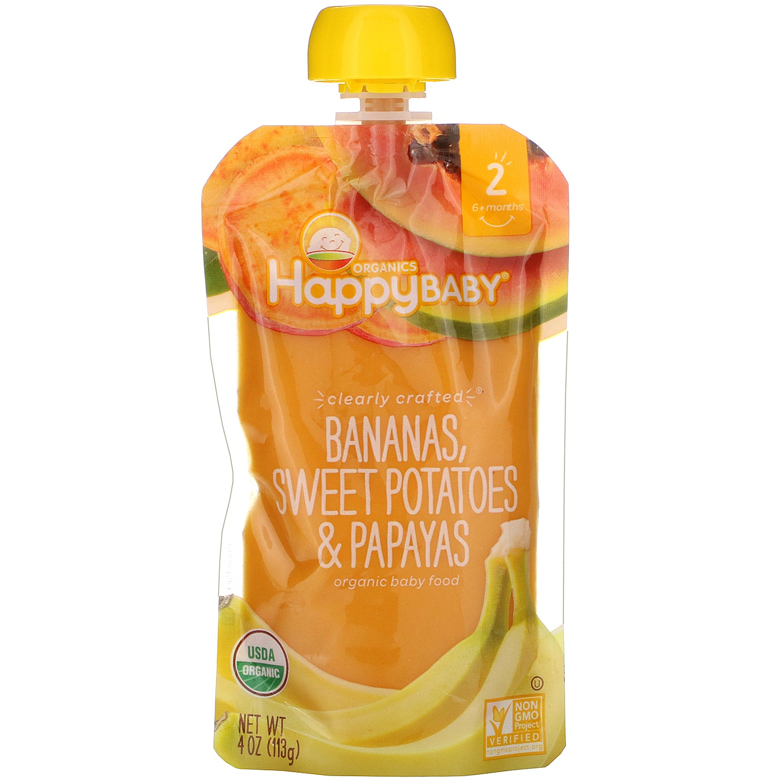 Happy Family Organics, Organic Baby Food, Stage 2, Clearly Crafted, 6+ Months, Bananas, Sweet Potatoes, & Papayas, 4 oz (113 g)