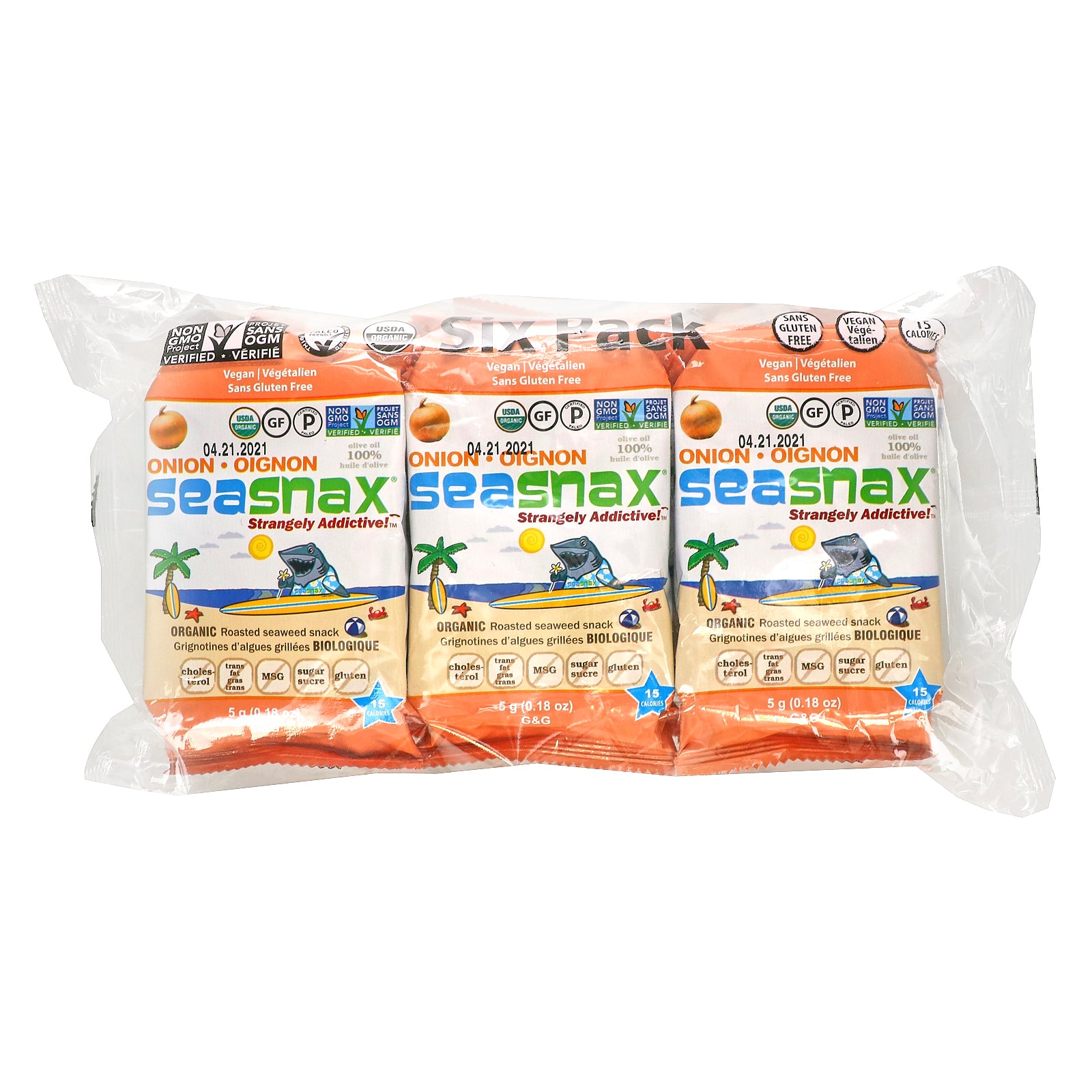 SeaSnax, Grab & Go, Organic Premium Roasted Seaweed Snack, Toasty Onion, 6 Packs, 0.18 oz (5 g) Each