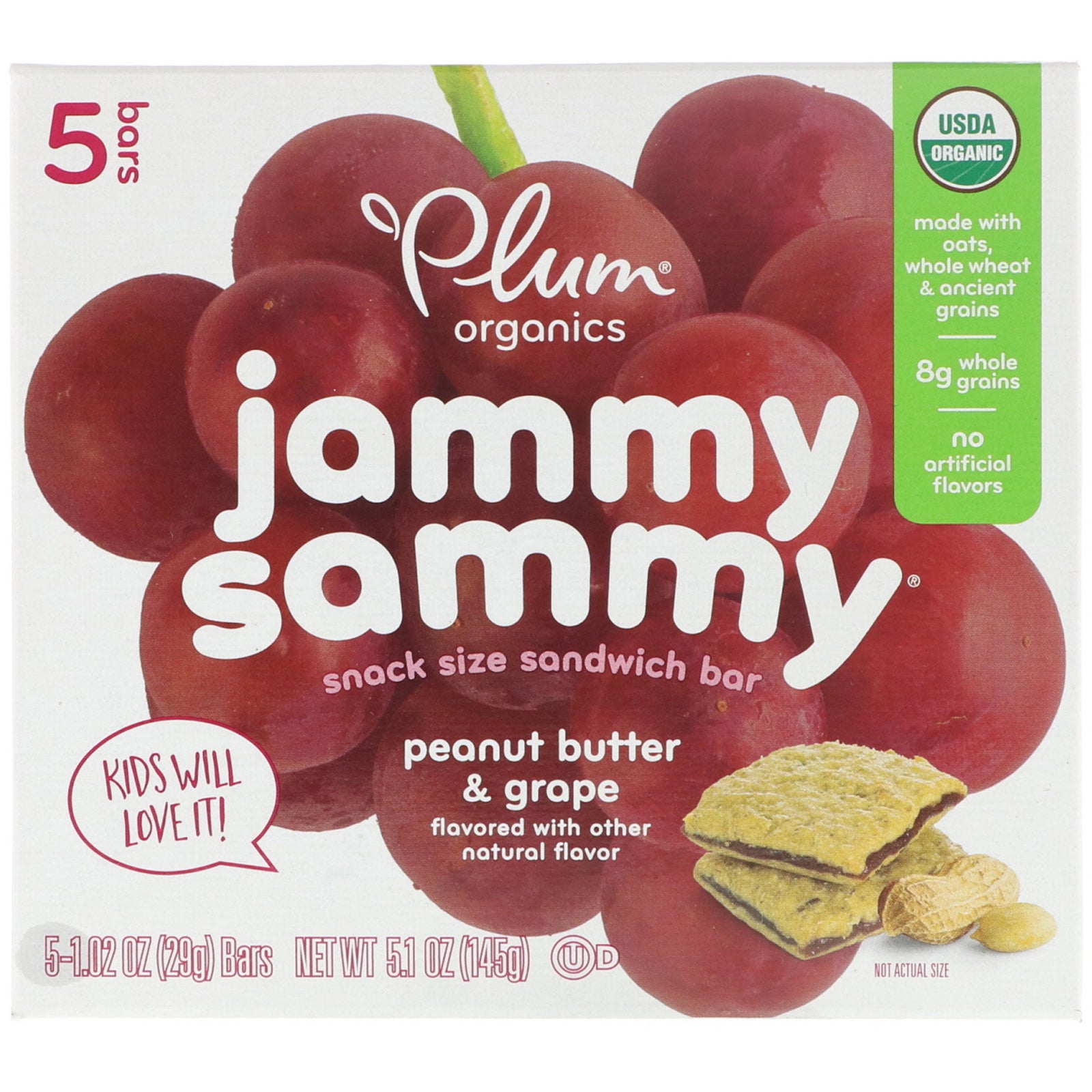 Plum Organics, Jammy Sammy, Peanut Butter & Grape, 5 Bars, 1.02 oz (29 g) Each