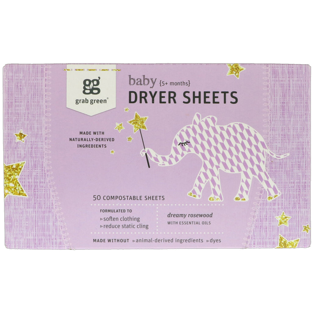 Grab Green, Dryer Sheets, Baby, Dreamy Rosewood with Essential Oils, 5+ Months, 50 Compostable Sheets