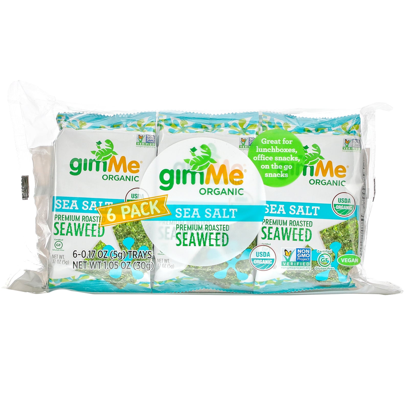 gimMe, Premium Roasted Seaweed, Sea Salt , 6 Pack. 0.17 oz (5 g) Each