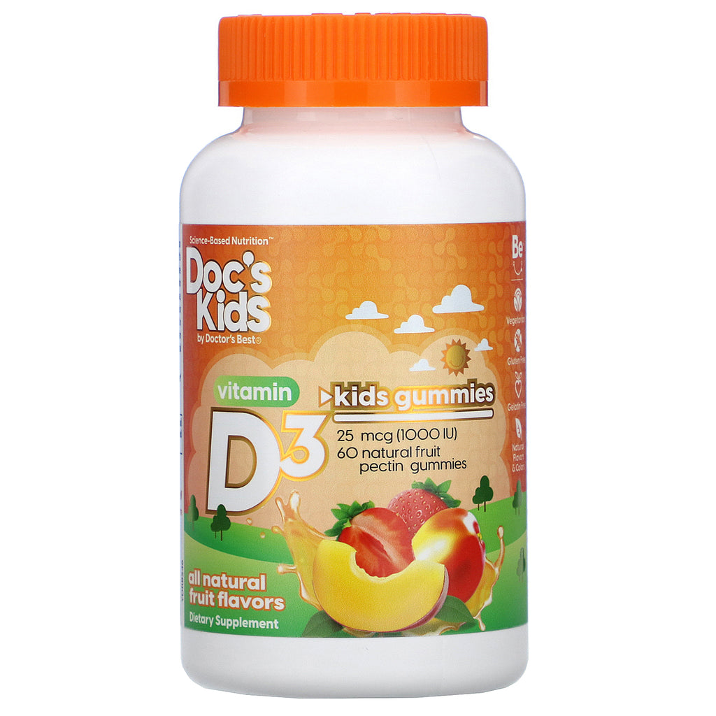 Doctor's Best, Doc's Kids, Vitamin D3 Gummies, All Natural Fruit Flavors, 25 mcg (1,000 IU), 60 Natural Fruit Pectin Gummies