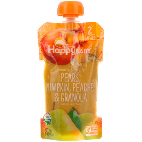 Happy Family Organics, Organic Baby Food, Stage 2, Clearly Crafted   6+ Months, Pears, Pumpkin, Peaches & Granola, 4 oz (113 g)