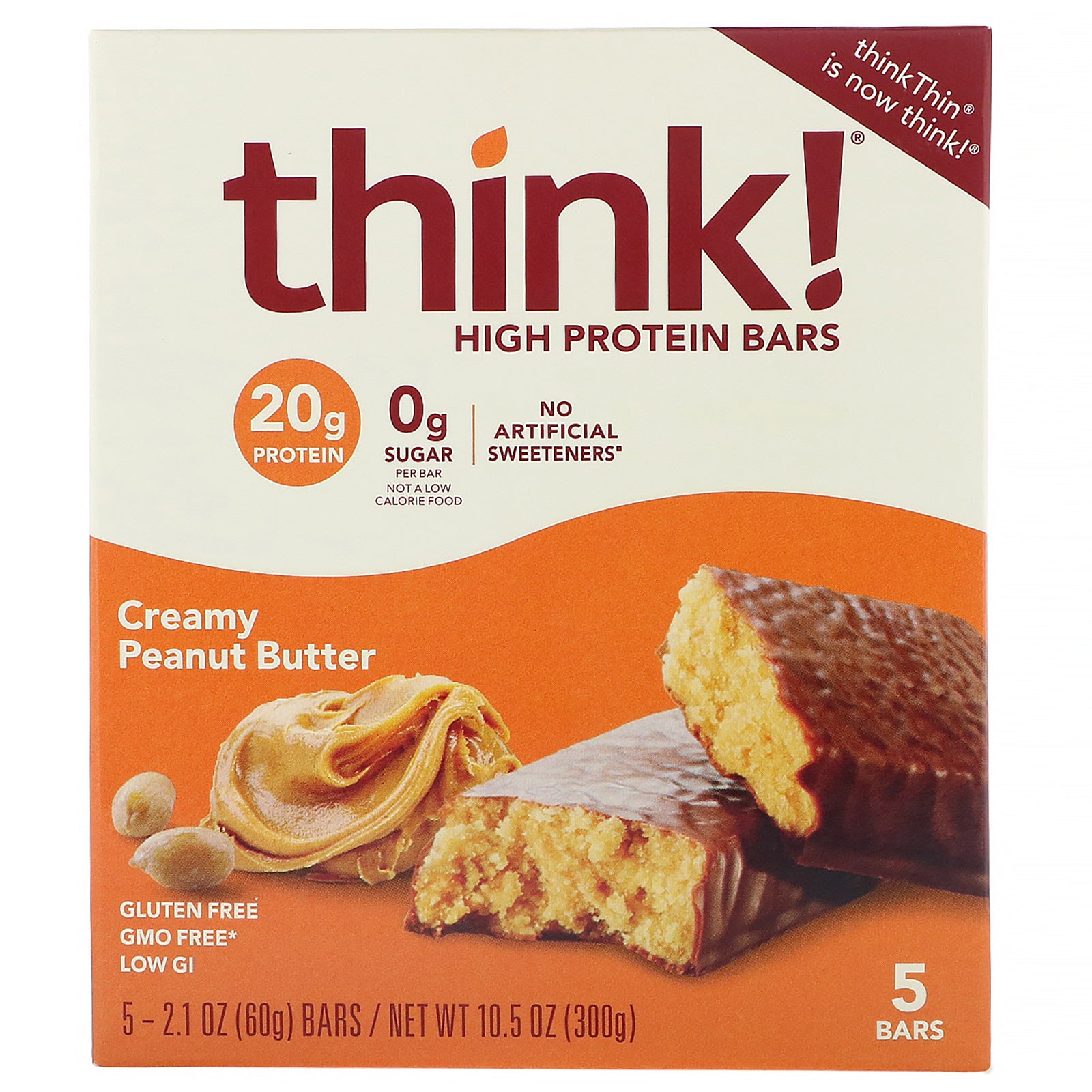 ThinkThin, High Protein Bars, Creamy Peanut Butter, 5 Bars, 2.1 oz (60 g) Each