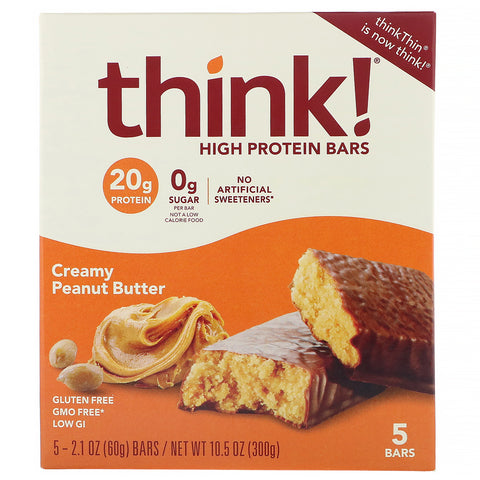 ThinkThin, High Protein Bars, Creamy Peanut Butter, 5 Bars, 2.1 oz (60 g) Each