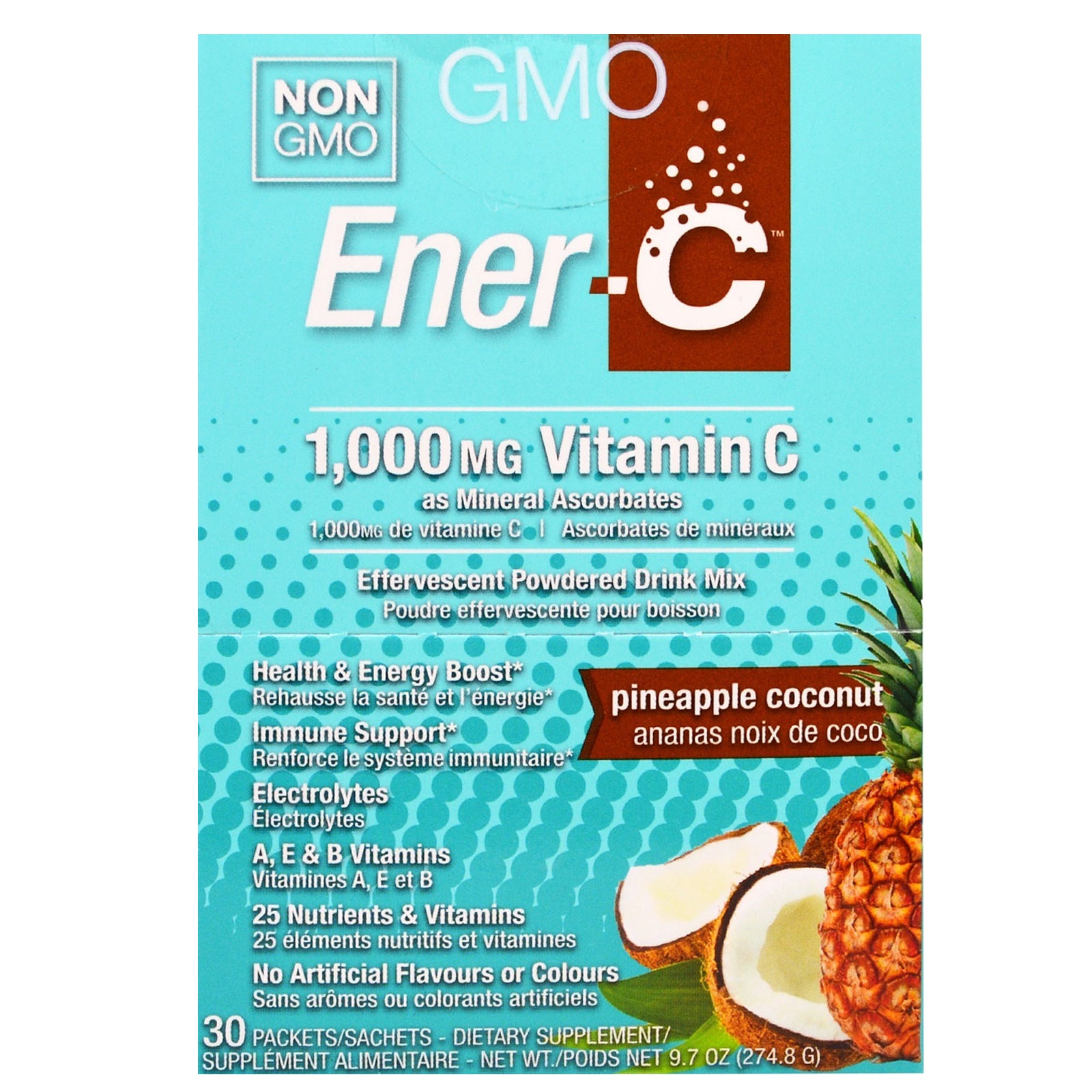 Ener-C, Vitamin C, Effervescent Powdered Drink Mix, Pineapple Coconut, 30 Packets, 9.7 oz (274.8 g)