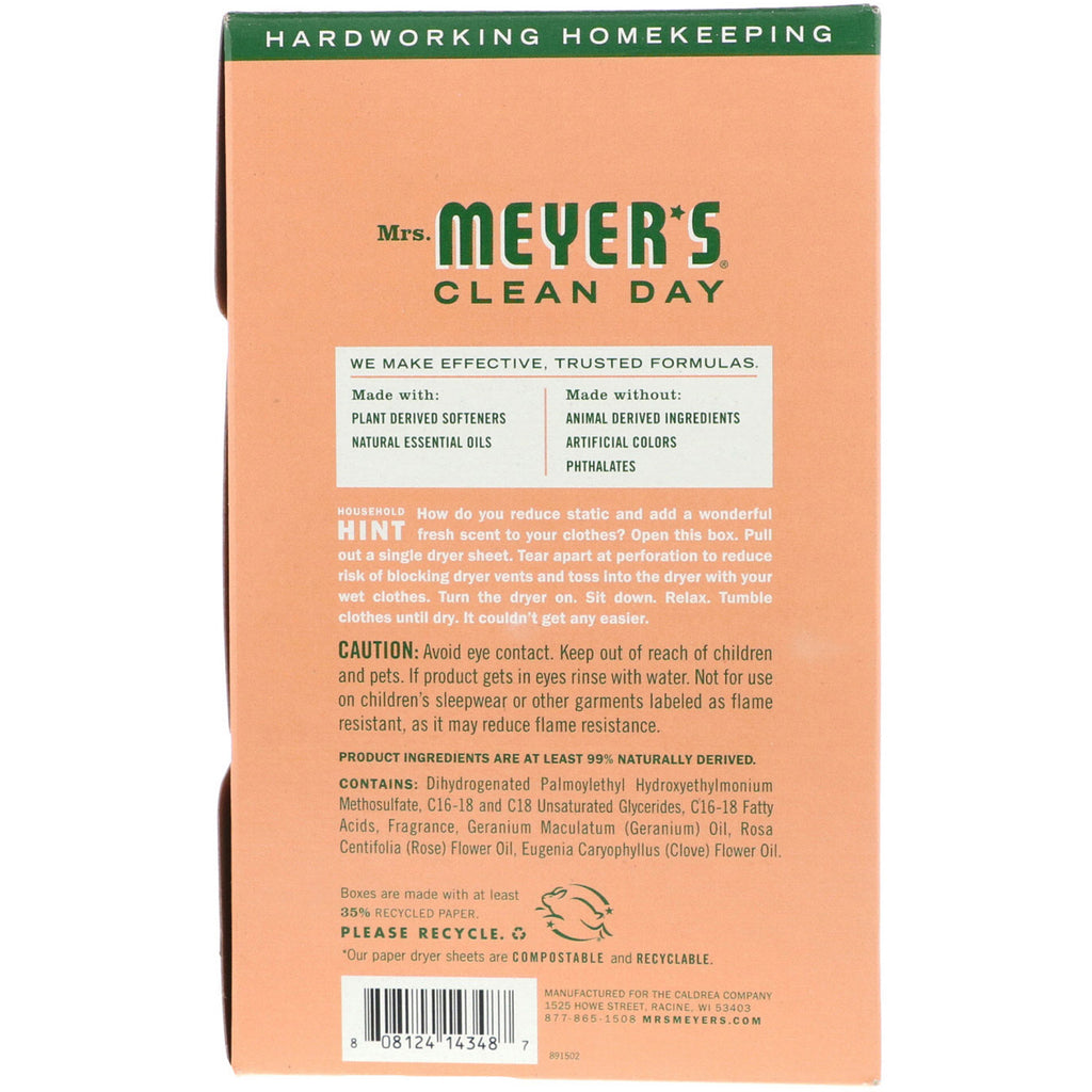 Mrs. Meyers Clean Day, Dryer Sheets, Geranium Scent,  80 Sheets