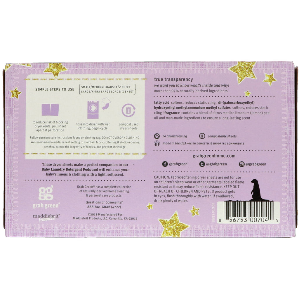 Grab Green, Dryer Sheets, Baby, Dreamy Rosewood with Essential Oils, 5+ Months, 50 Compostable Sheets
