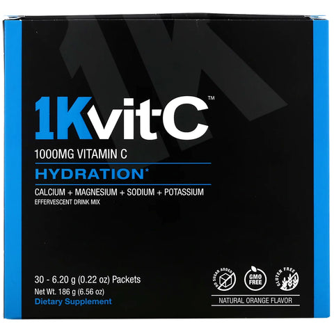 1Kvit-C, Vitamin C, Hydration, Effervescent Drink Mix, Natural Orange Flavor, 1,000 mg, 30 Packets, 0.22 oz (6.20 g) Each