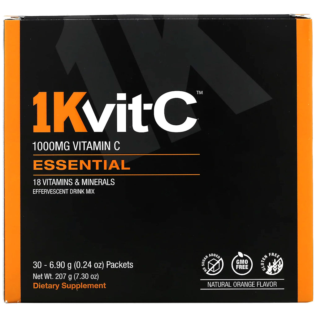 1Kvit-C, Vitamin C, Essential, Effervescent Drink Mix, Natural Orange Flavor, 1,000 mg , 30 Packets, 0.24 oz (6.90 g) Each