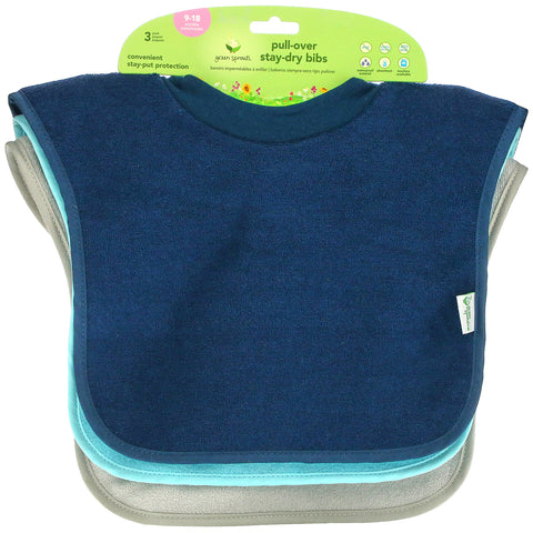 Green Sprouts, Pull-Over Stay-Dry Bibs, 9-18 Months, Blue, Aqua and Gray, 3 Pack
