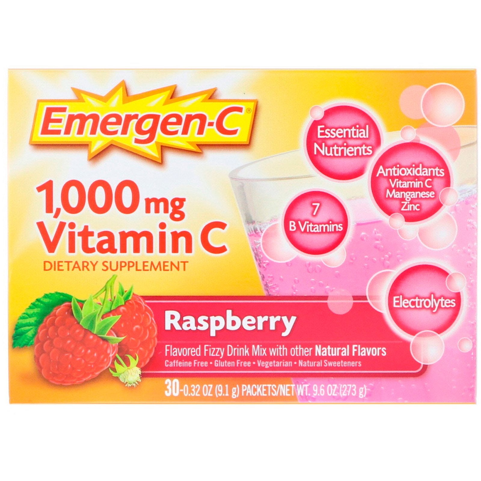 Emergen-C, Vitamin C, Flavored Fizzy Drink Mix, Raspberry, 1,000 mg, 30 Packets, 0.32 oz (9.1 g) Each