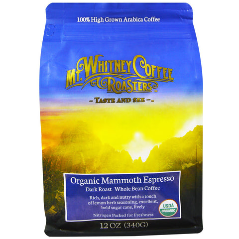 Mt. Whitney Coffee Roasters, Organic Mammoth Espresso, Dark Roast, Whole Bean Coffee, 12 oz (340 g)