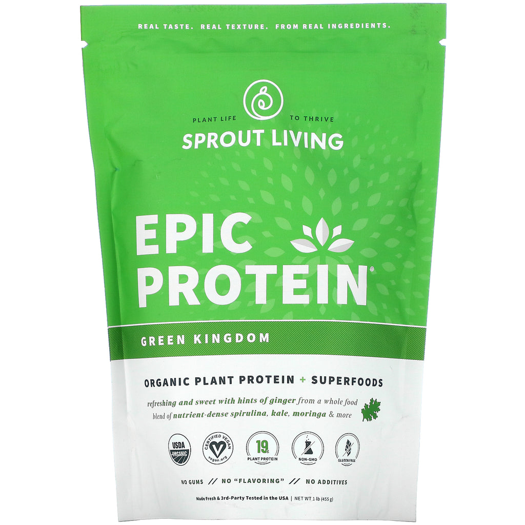 Sprout Living, Epic Protein, Organic Plant Protein + Superfoods, Green Kingdom, 1 lb (455 g)